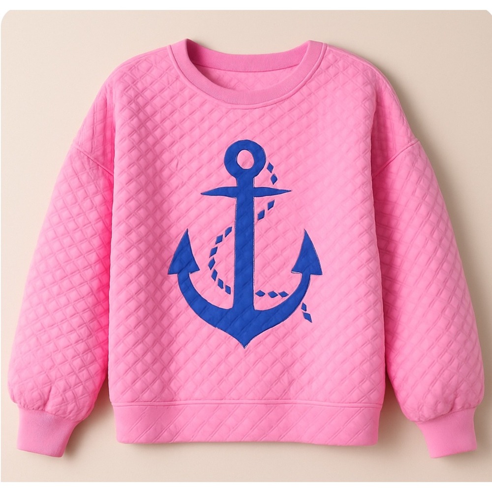 Judith March Sz Lg Pink Quilted Anchor Sweatshirt Oversized Nautical Cozy - Picture 2 of 7